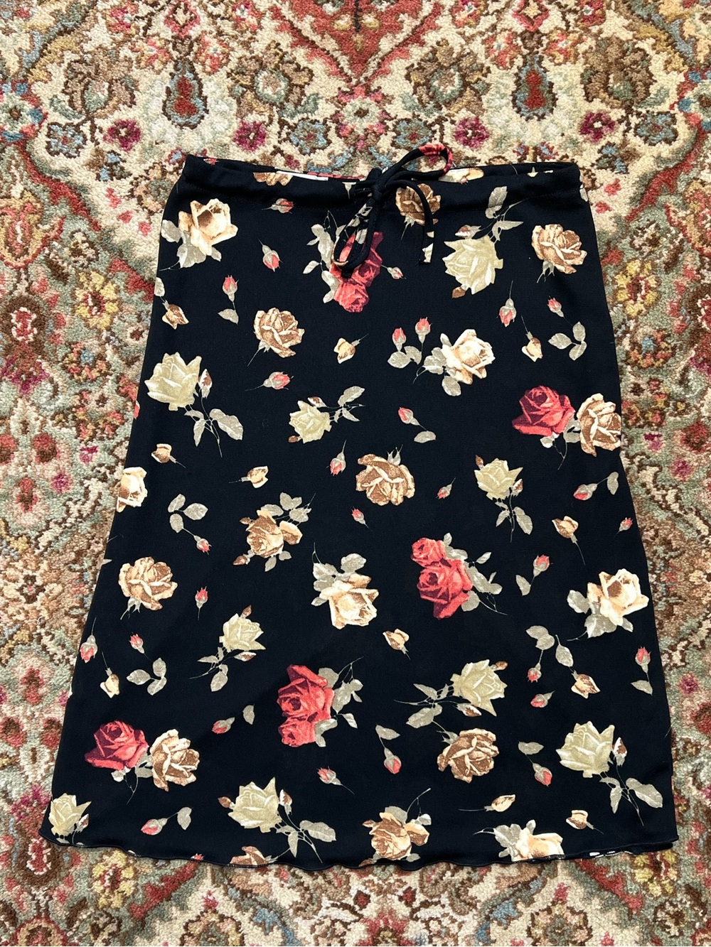 Avanti Black Sheer Midi Skirt with Red & Cream Rose Print